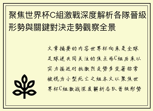 聚焦世界杯C組激戰深度解析各隊晉級形勢與關鍵對決走勢觀察全景