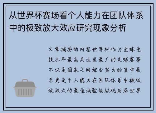 从世界杯赛场看个人能力在团队体系中的极致放大效应研究现象分析